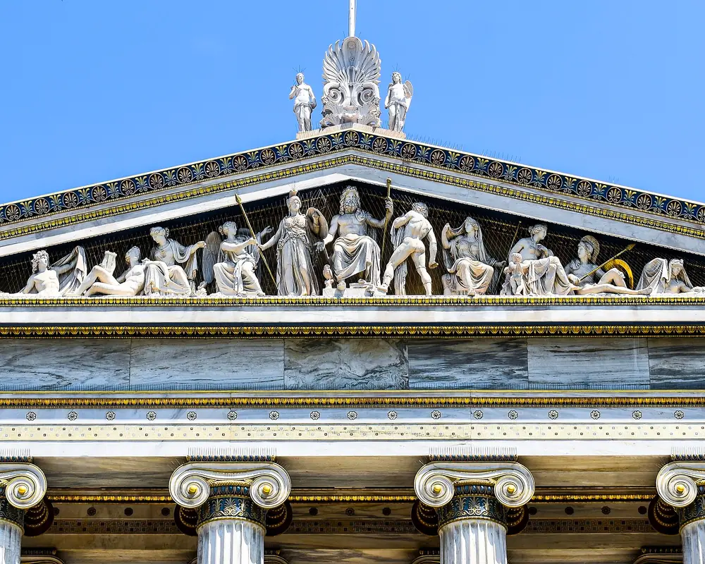 The sculpted pediment and Ionic columns of the Academy of Athens